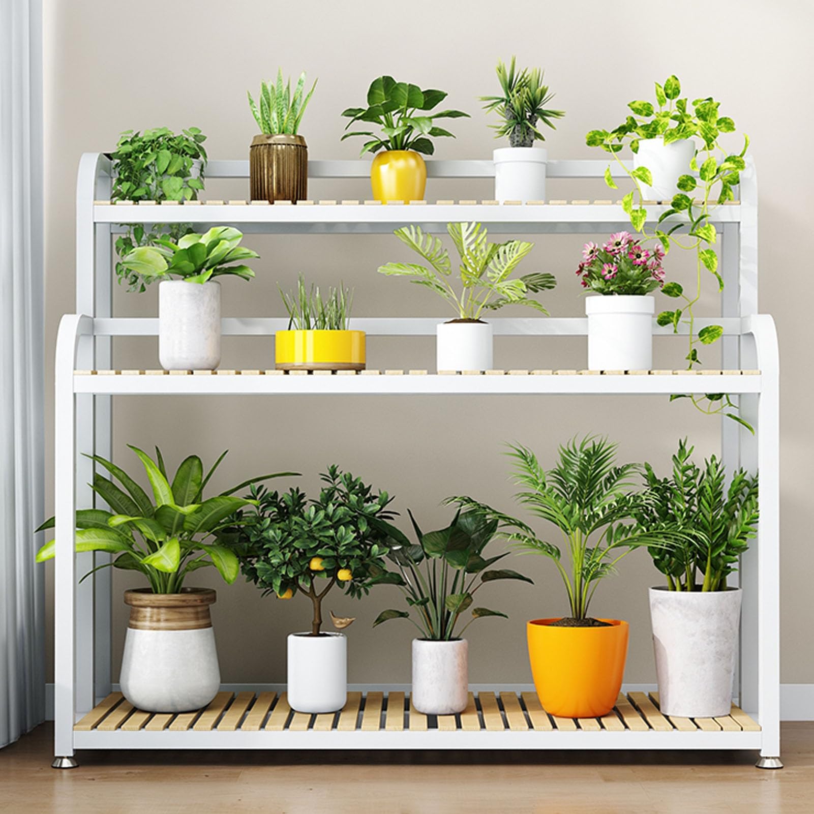 Étagère à fleurs en métal blanc 120cm avec support pour plantes 3 niveaux