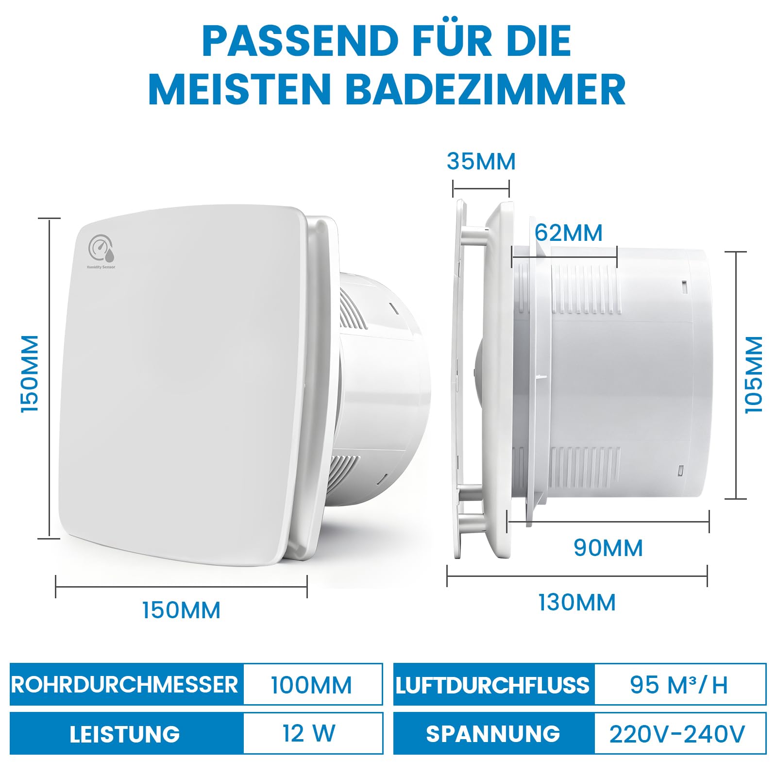 XIIW Badlüfter 100mm mit Feuchtigkeitssensor Abluftventilator einstellbarer Nachlaufzeit, mit Timing Wandventilator Silent, mit Rückstauklappe 95m³/h, 12 Watt / 34dB für Bad, WC, Küche