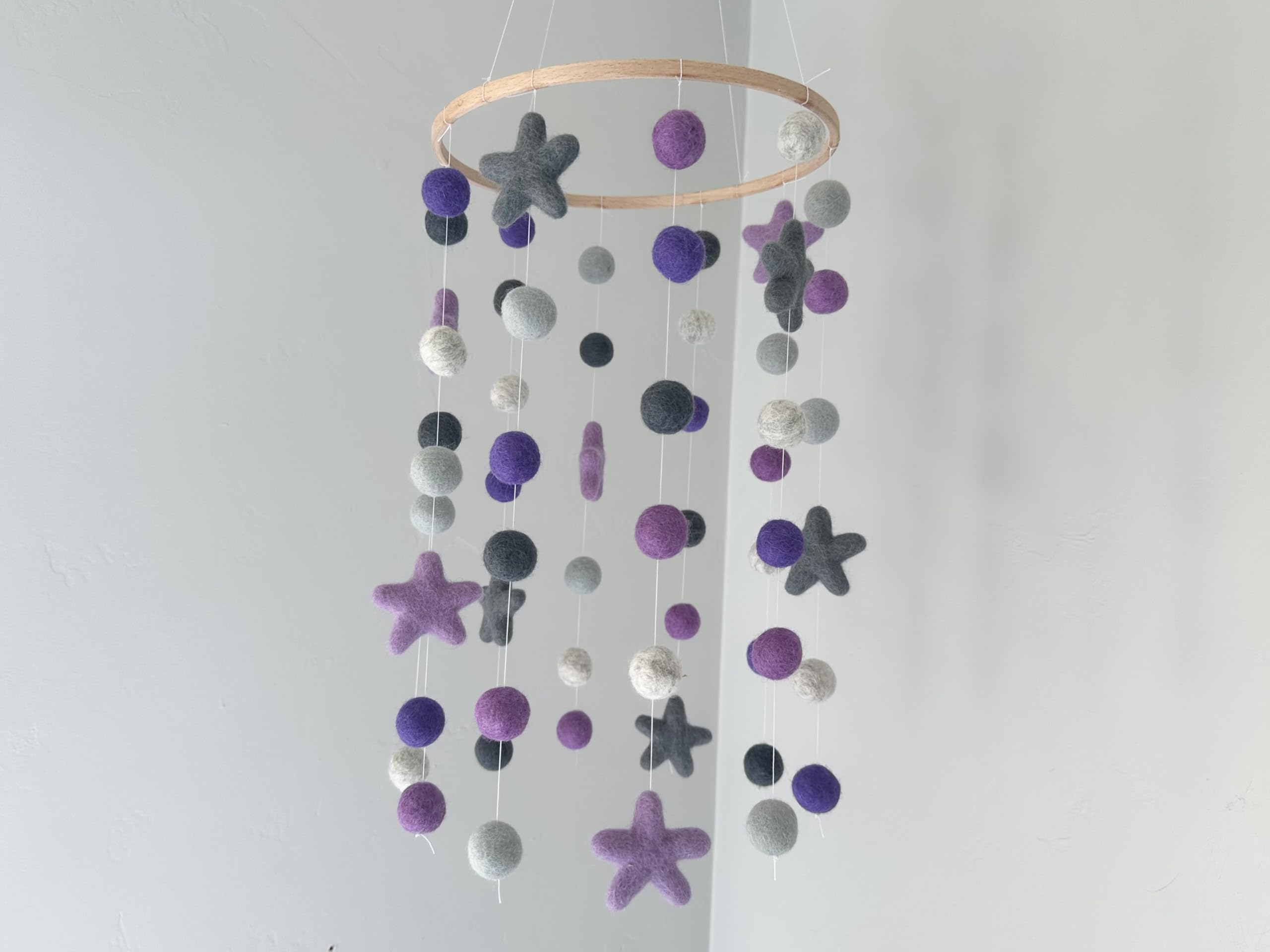 Starry Felt Ball Ceiling Mobile - Celestial Star Nursery Decor- Gray & Purple Kids Room Wool Pom Pom Gift for Baby - Star w/Felt Balls (Do Not Hang From Crib)