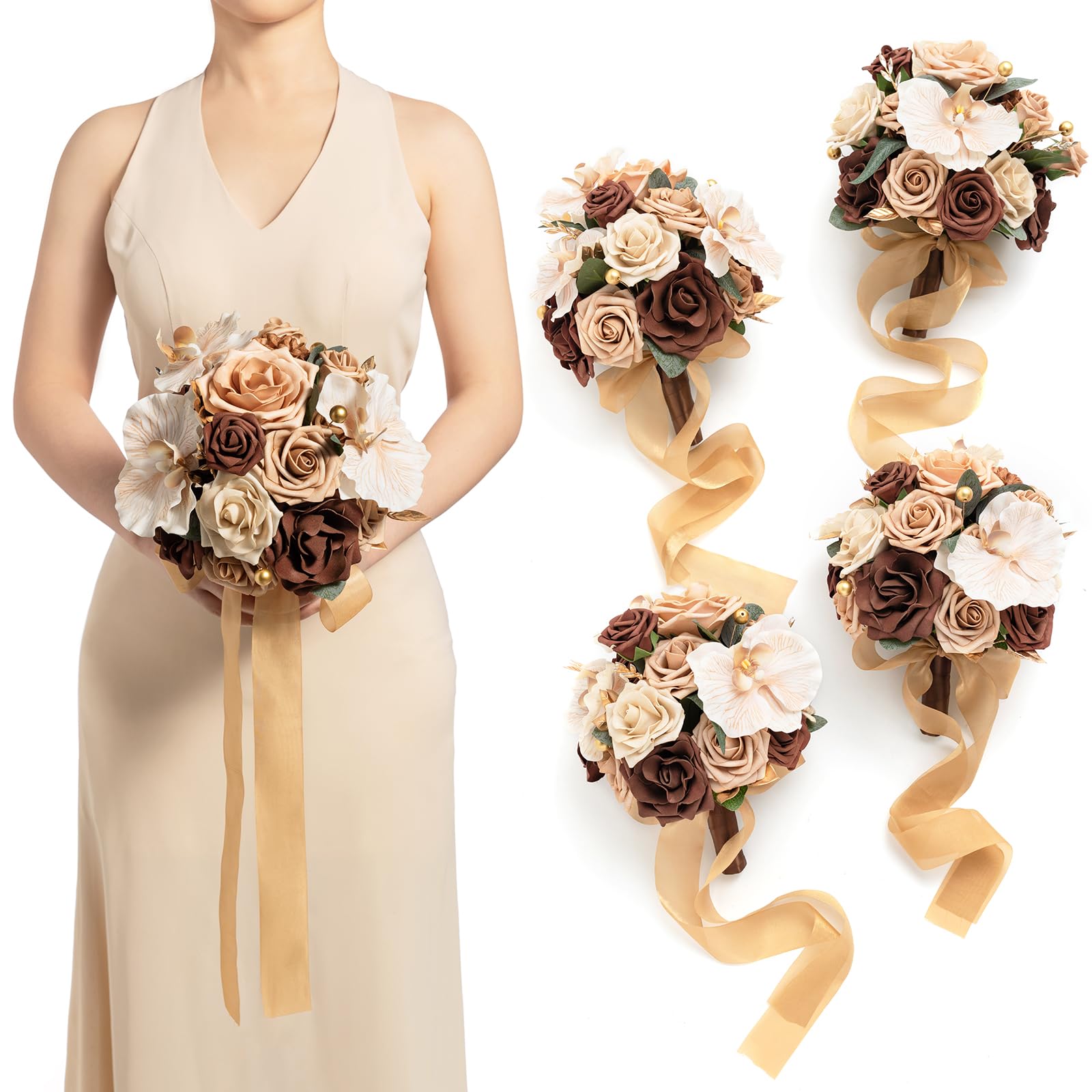 Photo 1 of Ling's moment 4-Pack Brown Bridesmaid Bouquets 7-inch