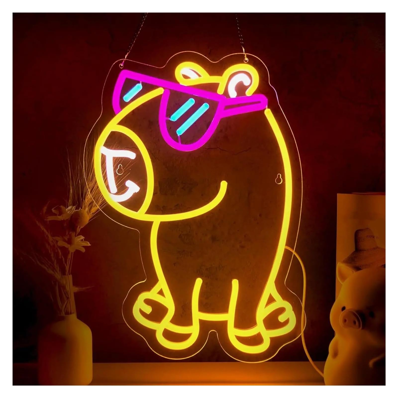RONGCH Hanging Art Signs Capybara Neon Sign with Glasses Cute Pet USB Powered Dimmable LED Light for Bedroom Zoo Pet Shop Cat Cafe Decor 39.5cmx30cm