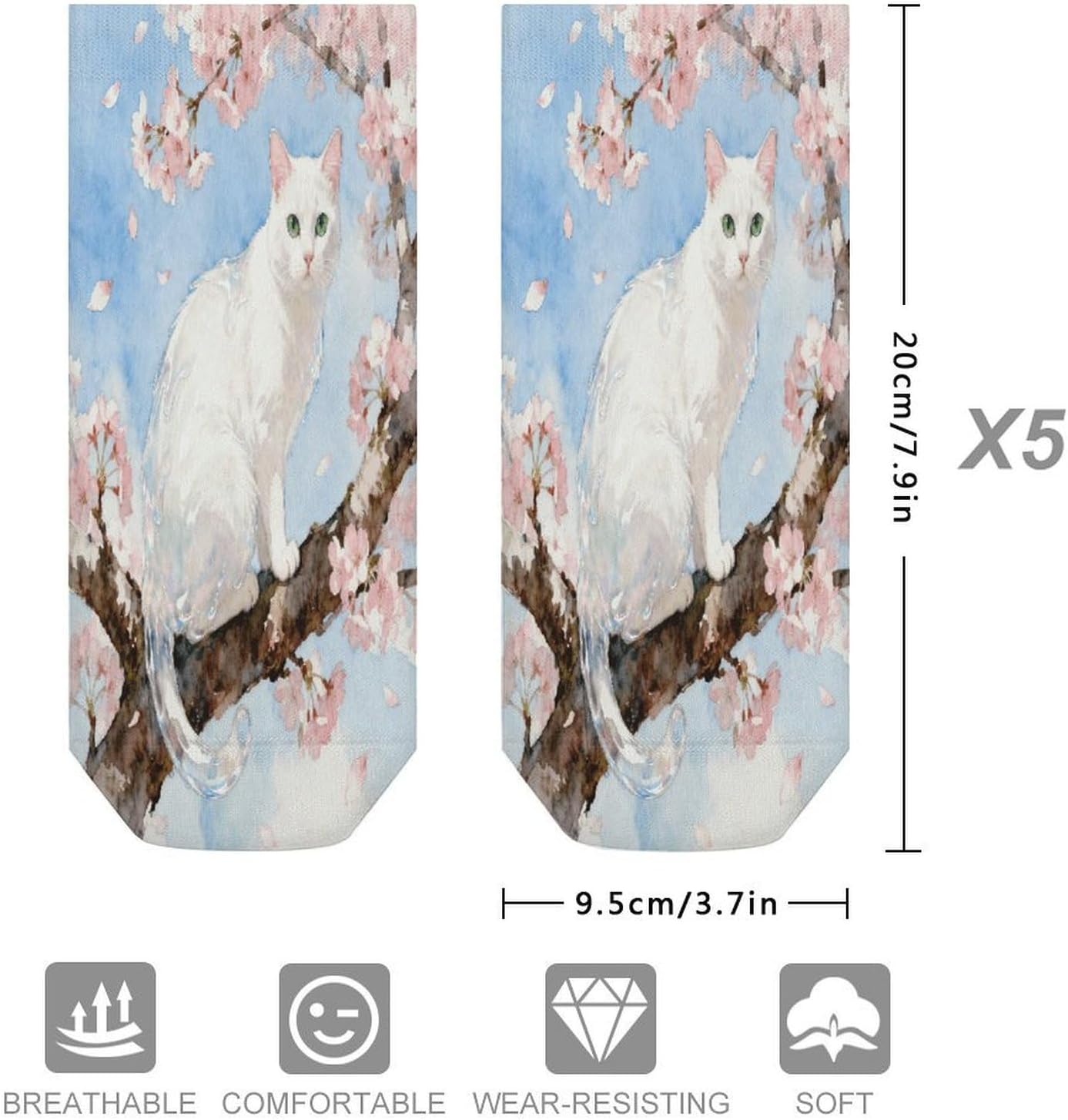White-cat Crew Sock for Men Women Funny Novelty Socks Athletic Ankle Socks Comfort Soft Low Cut Tab Sock 5 Pairs