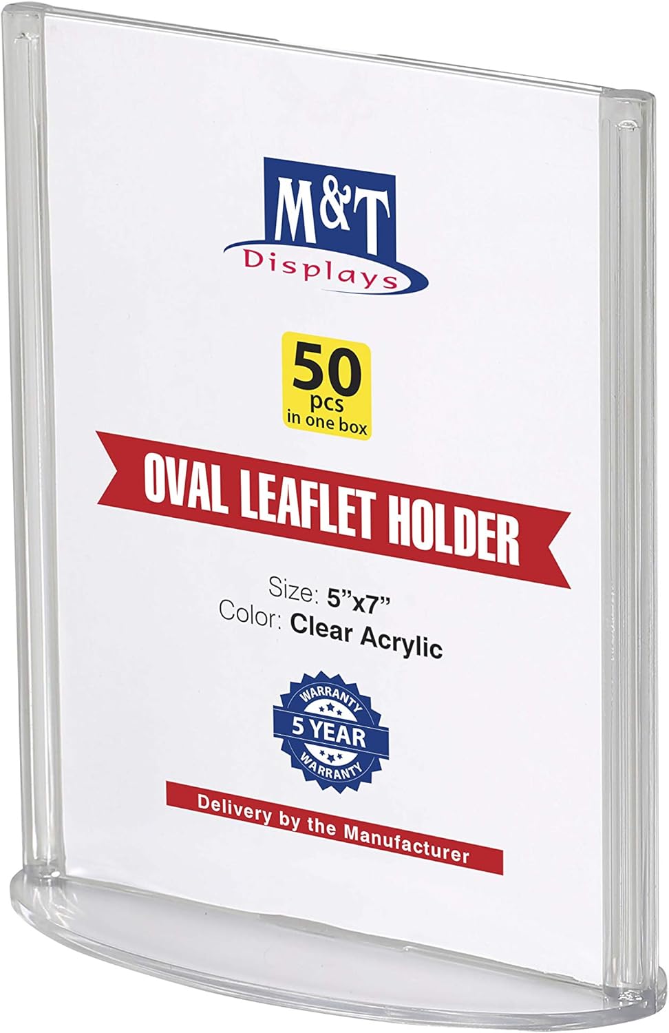 M&T Displays Double Sided Oval Clear Acrylic Leaflet Holder 5x7 inch Pocket Desktop Table Stand Desk Organizer Menu Advertising Flyer for Restaurant Hotel Office (50 Pack)