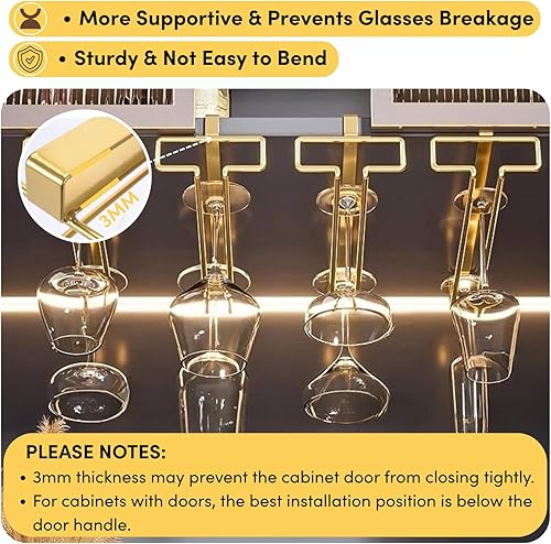 Miniatura 6 de LINFIDITE Soporte dorado para copas de vino debajo del gabinete, paquete de 2, ahorro de espacio, fácil instalación, antideslizante, diseño