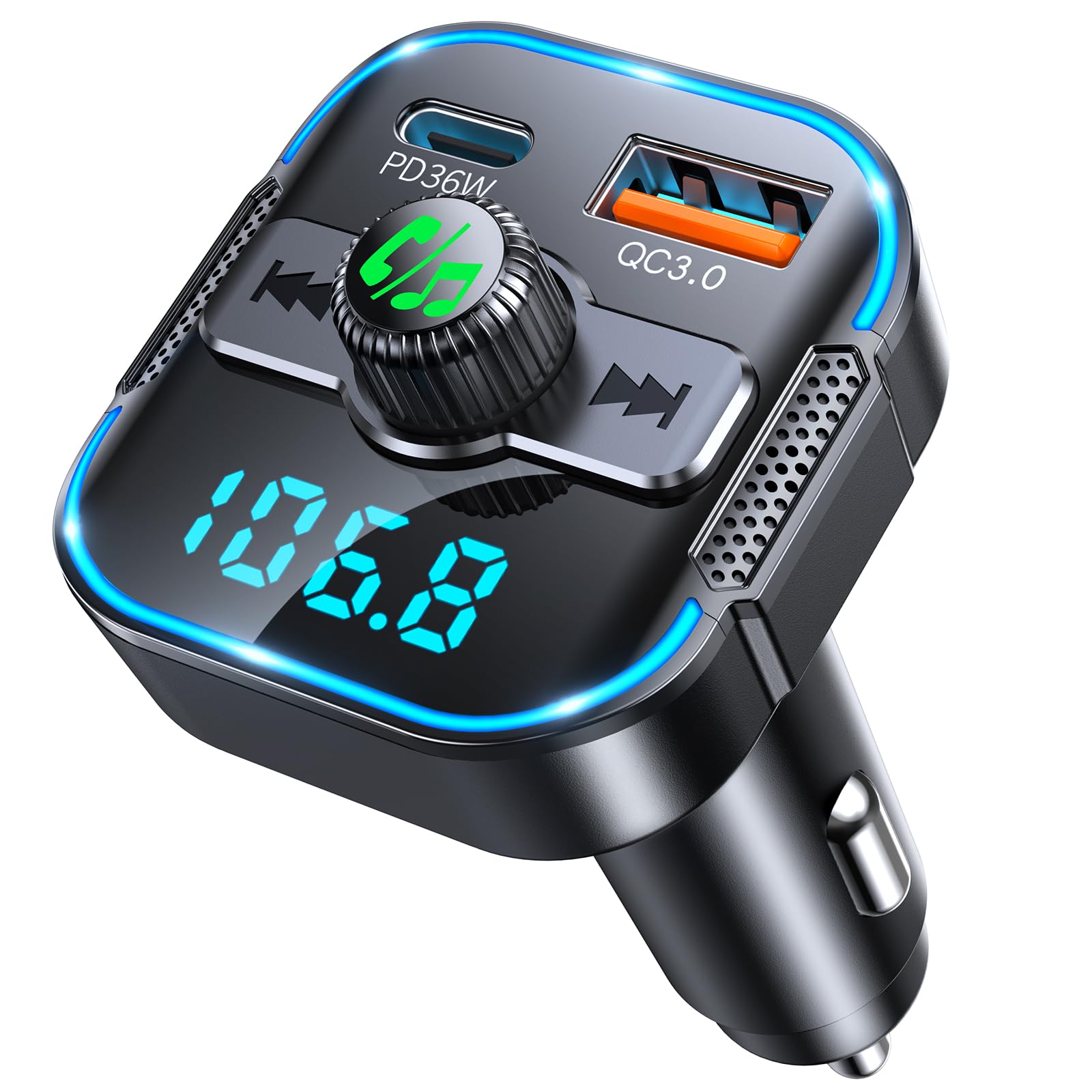 Glangeh Bluetooth 5.3 Adapter Auto Schnellladung 54W mit Dual Mikrofon | 2 in 1 FM Transmitter Auto Bluetooth & Autoladegerät （PD 36W + QC3.0 18W）unterstützt Siri-Assistent & Freisprecheinrichtung