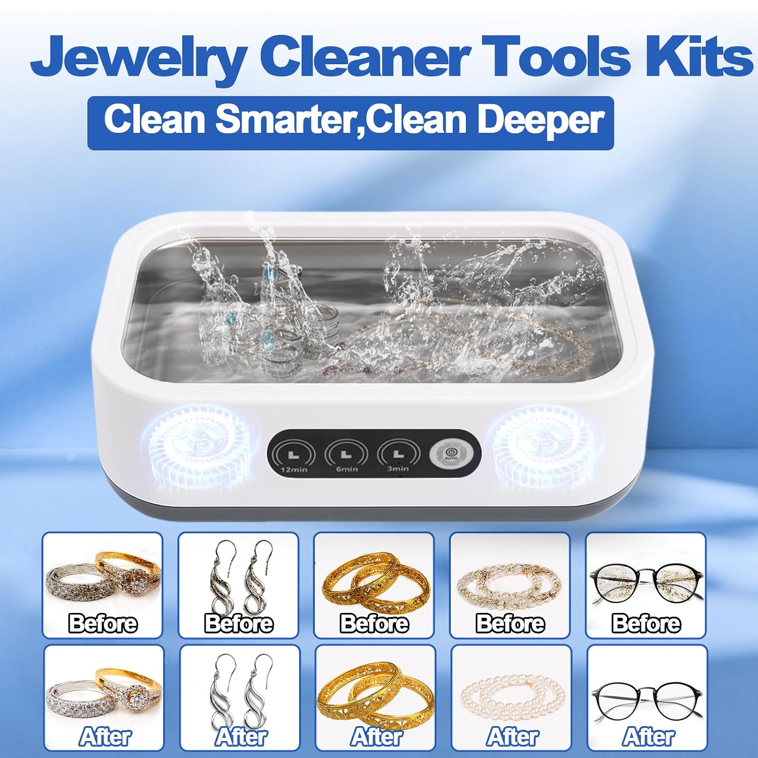 Condition photo showing New/Like New for xangnier jewelry cleaning kit-ultrasonic cleaner machine(49k hz,3 modes),gap cleaning brush and polishing cleaning cloth for all jewelry,ring,gold,diamond,earring,sterling silver,eyeglass,dentures