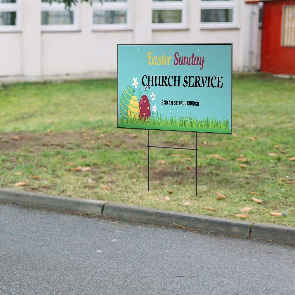 Custom Personalized Yard Sign Easter Sunday Church Service Time Egg Blue Two Sides Print 18inx12in