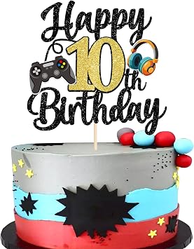 Xsstarmi 1 Pack Happy 10th Birthday Cake Topper Glitter Video Game Theme Birthday Cake Pick Hello 10 Fabulous Cheers to 10 Years Cake Decorations for Game Theme Happy 10th Birthday Party Supplies