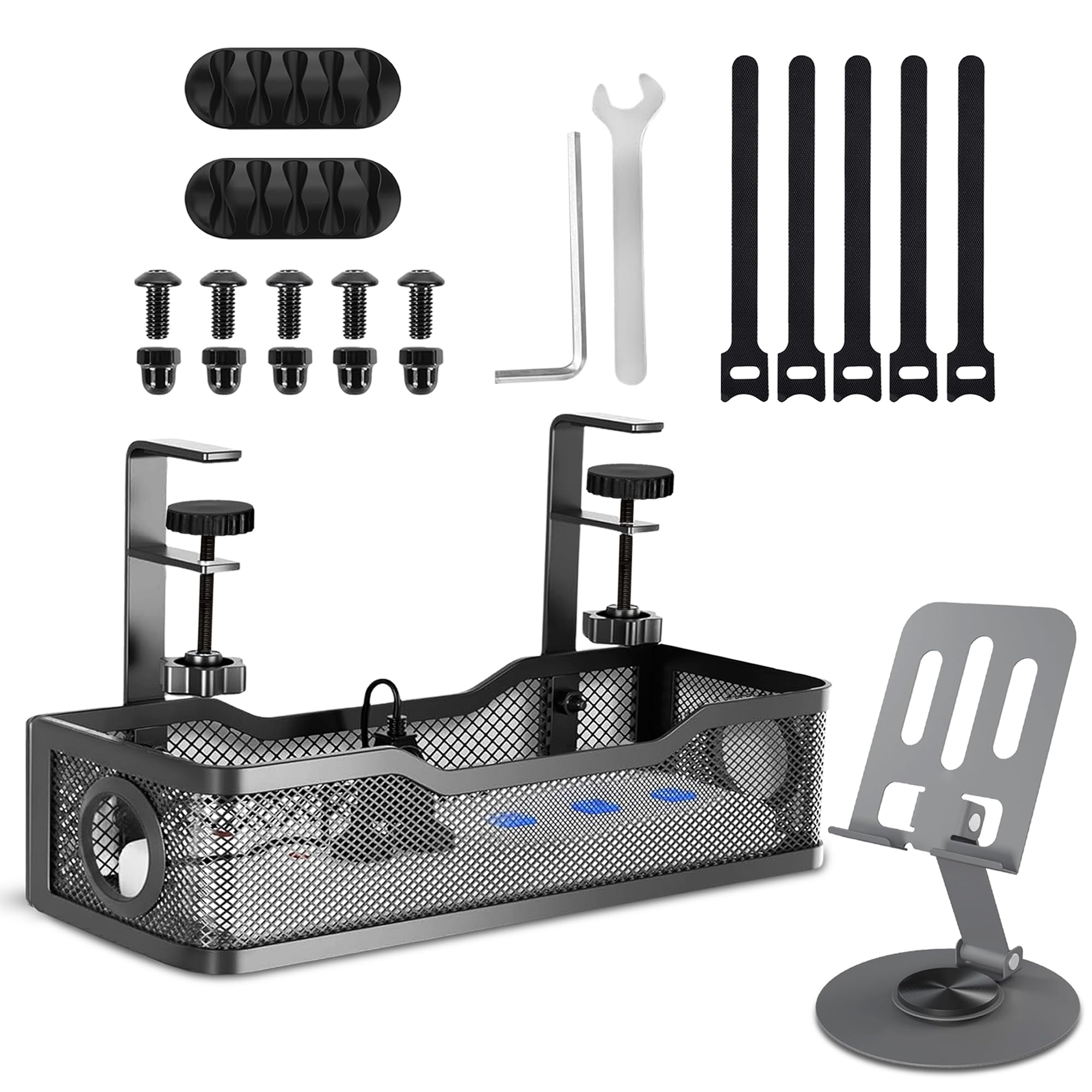 MOREBLUE® Under Desk Mesh Cable Organiser Rack with Mobile Stand, Metal Under Table Cable Management Tray for Power Wires & Cables Adjustable, 3in1 Cable Holder, 5 Velcro Strip, Allen Key & Screws