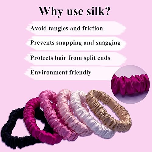 Miniatura 10 de Juego de 6 coleteros de seda de morera 100% pura con 6 colores elegantes para todos los días, coleteros ajustados de seda, cuidado del cabello, sin