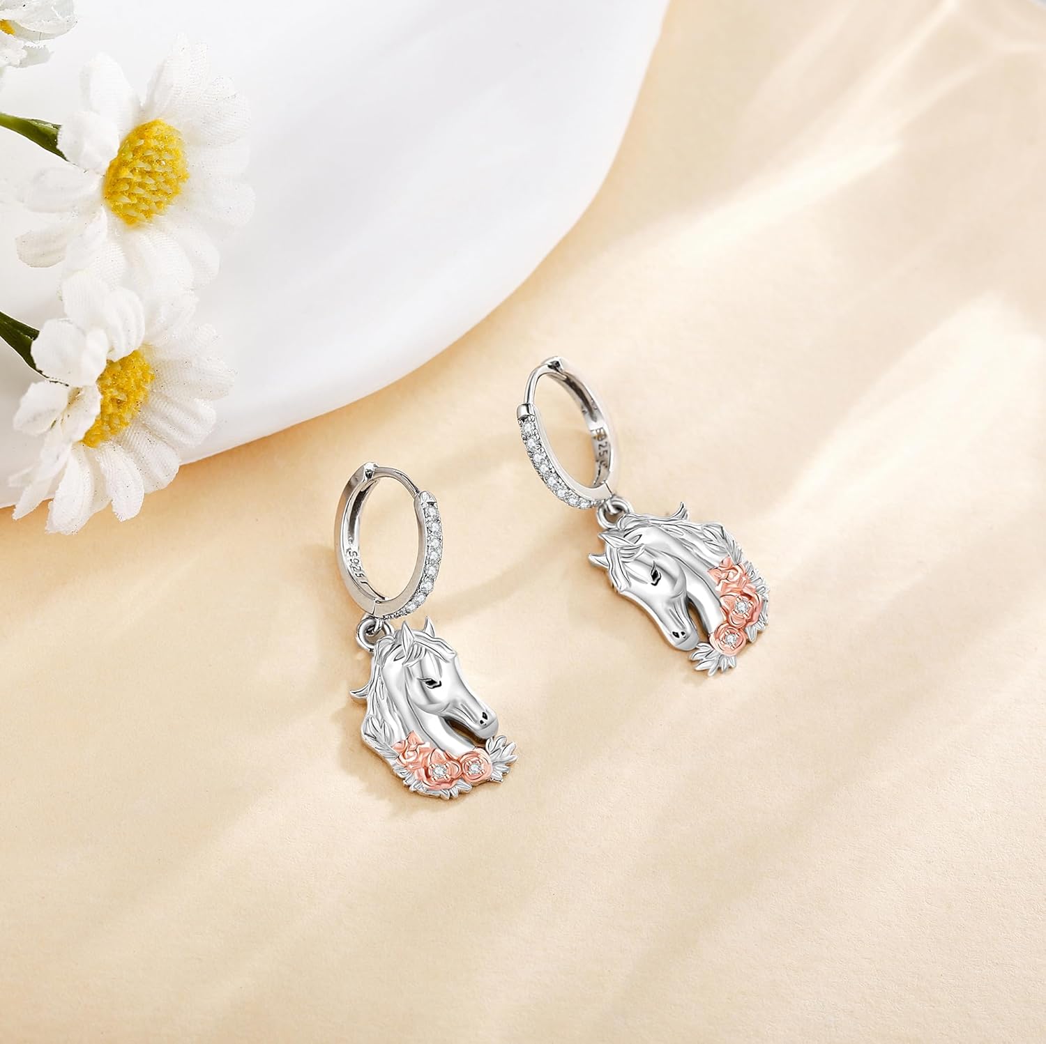 Horse Earrings 925 Sterling Silver Beautiful Flower And Horse Dangle Earrings Horse Jewelry Presents For Women Teen
