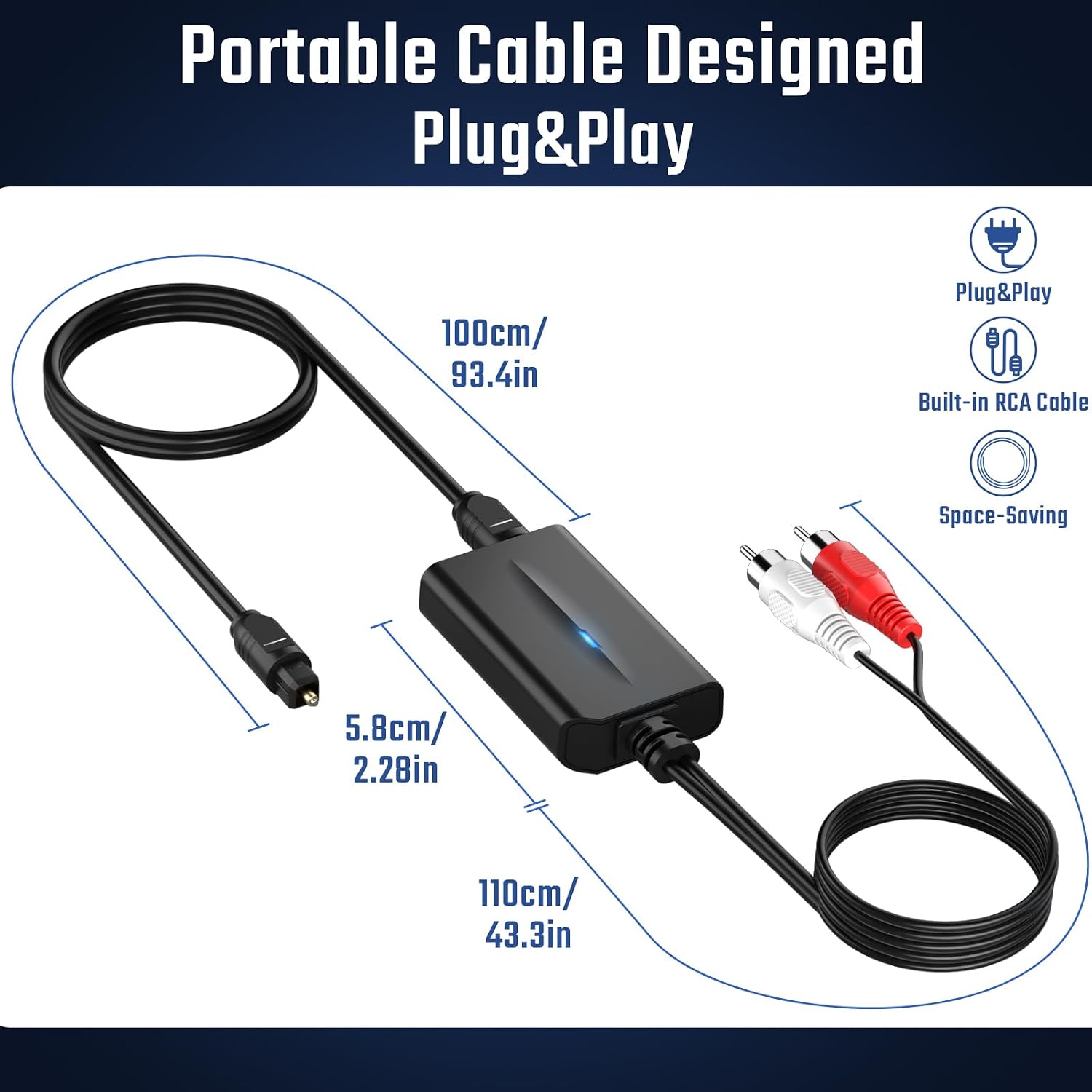 192kHz DAC Digital to Analog Audio Converter 7ft/2.1m Digital Audio Optical to RCA Cable SPDIF to RCA Converter with Built-in Audio Amplifier Chipset for HDTV, DVD, Blu-Ray Players