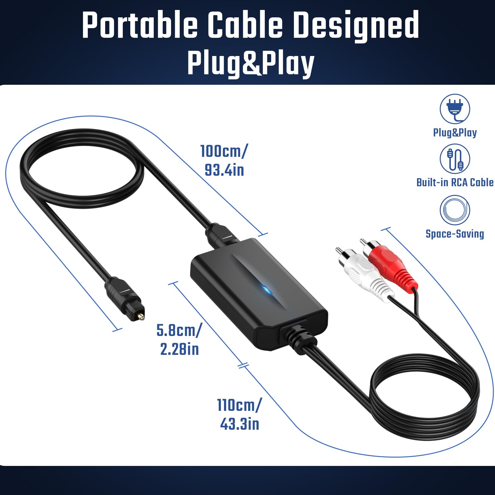 Cyfrowy konwerter audio 192 kHz DAC 2,1 m, cyfrowy kabel optyczny na RCA, konwerter SPDIF na RCA z wbudowanym chipsetem wzmacniacza audio do HDTV, DVD, odtwarzaczy Blu-Ray, męski