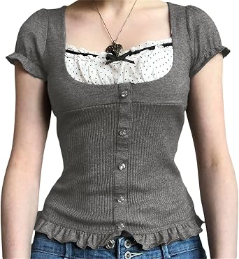 Women Y2K Fairy Crop Top Cute Lace Patchwork Short Sleeve T-Shirt Trendy Summer Aesthetic Tees Vintage Clothes