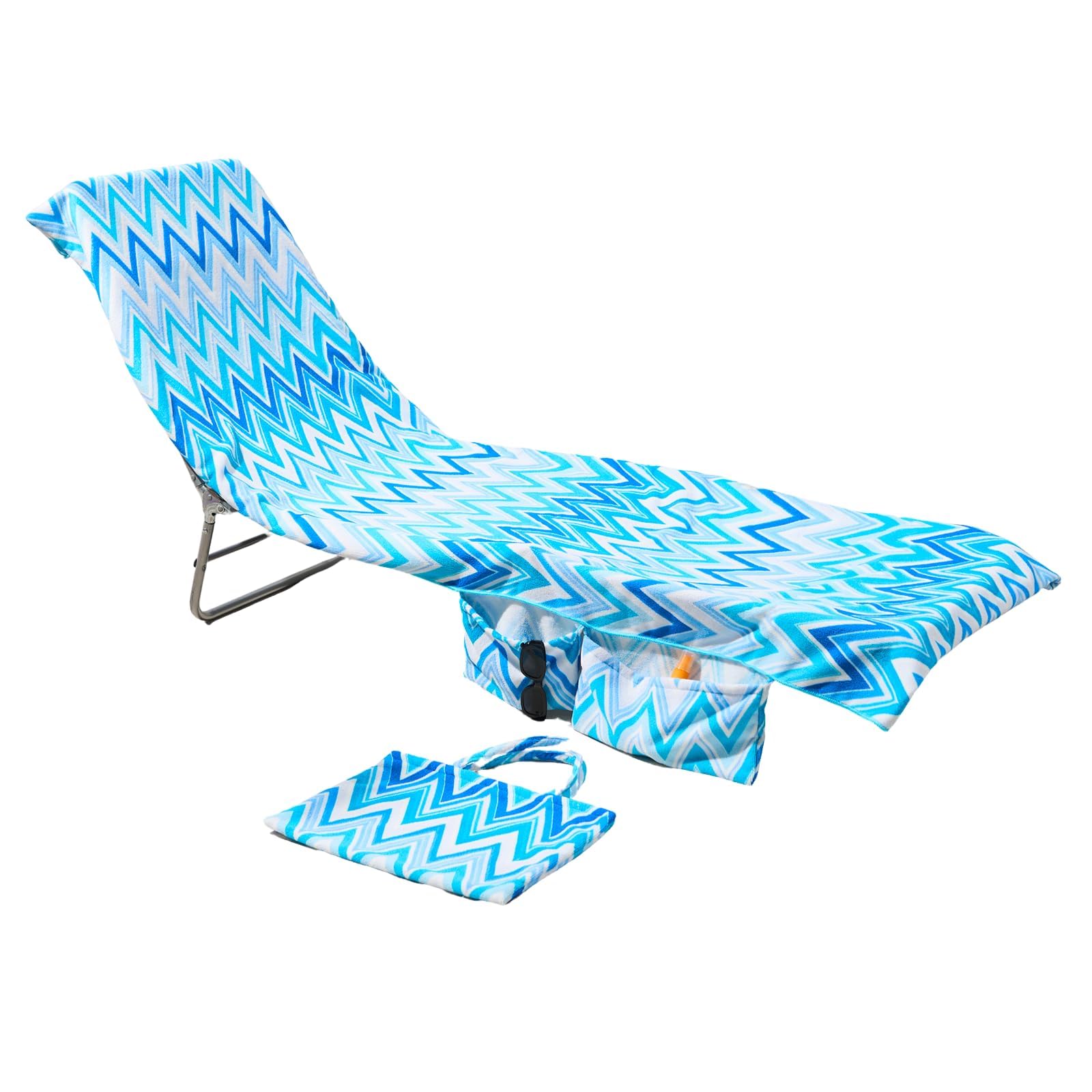 Brentfords Blue - Zig Zag Sun Lounger Towels Fitted Over Back Of Bed, Zig Zag Swimming Pool Quick Dry Travel Large Beach Towel With Pockets For Loungers Summer Holiday Accessories, 215Cm X 75Cm