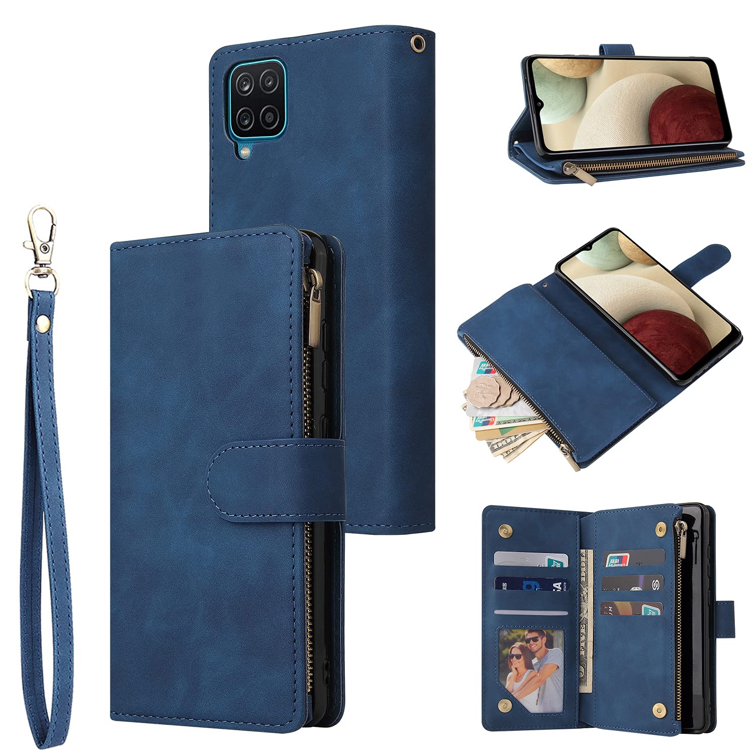 RANYOK Compatible with Galaxy A12 Wallet Case, Premium PU Leather Zipper Flip Folio with Card Slot Wrist Strap Magnetic Closure Built-in Kickstand Protective Case (Blue)
