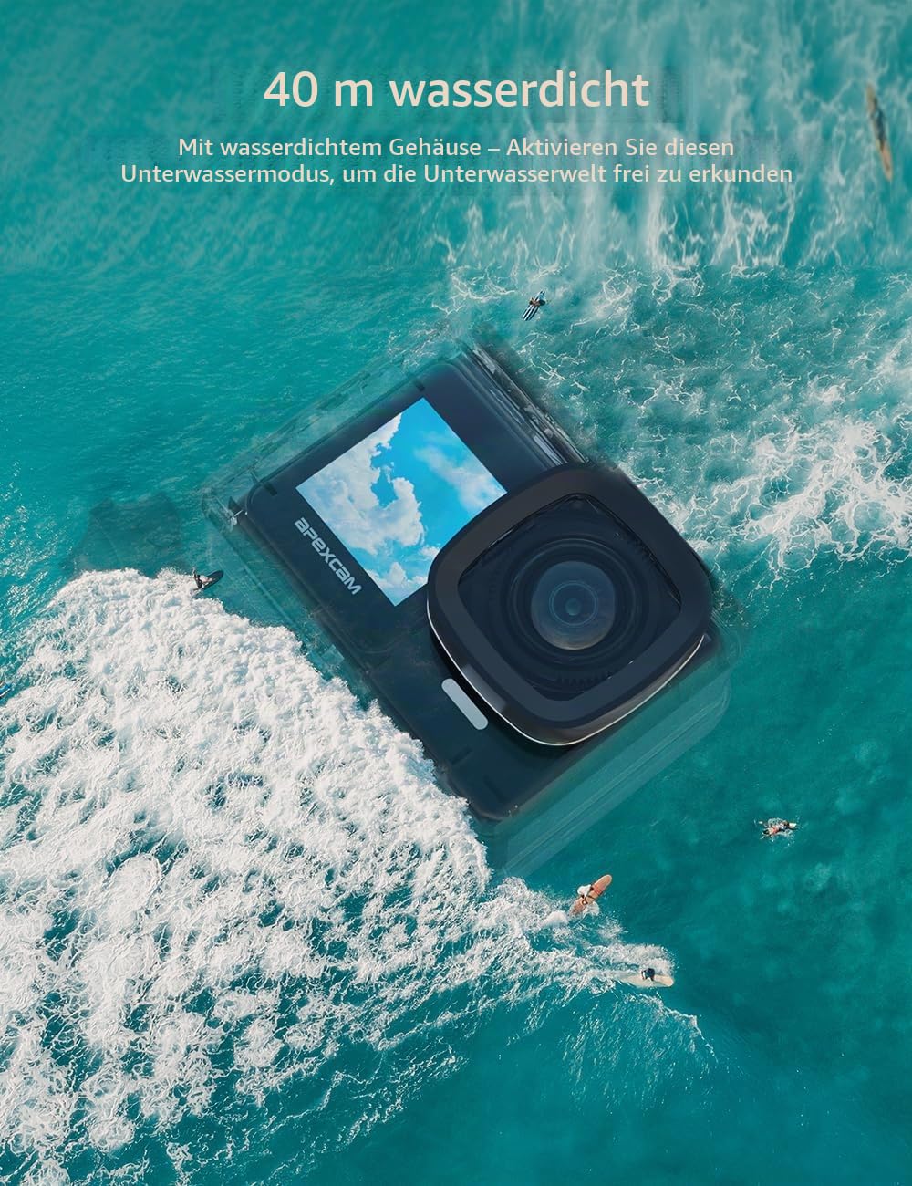 Apexcam 4K 30FPS 20MP Action Cam Dualscreen Touchscreen 40M wasserdichte Unterwasserkamera EIS Stabilisierung 170° Weitwinkel WiFi Fernbedienung mit 2x1350mAh Akkus und Zubehör Kit