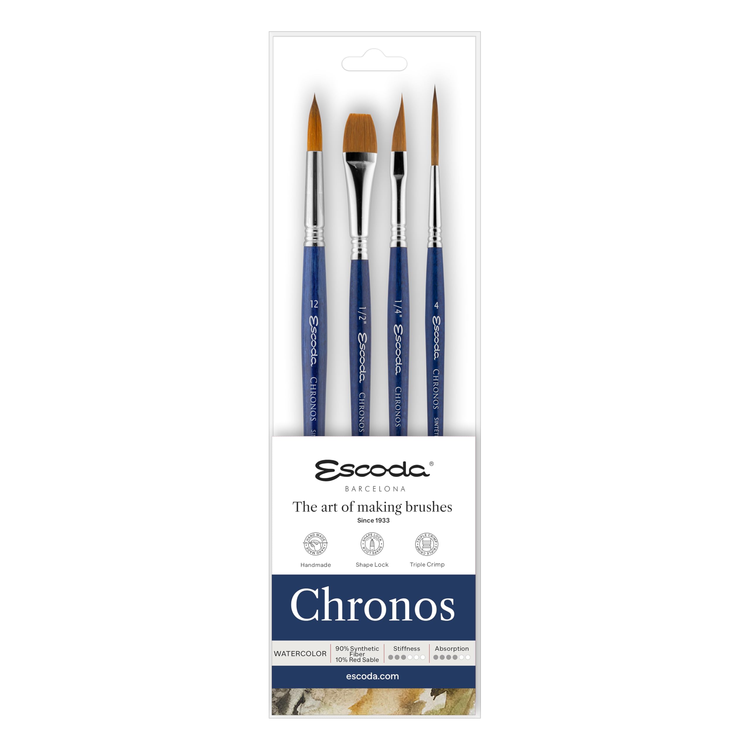 Escoda Chronos Series Professionelles Künstler-Aquarell-Pinsel-Set, Kunstfaser-Mix, 4-teiliges Set