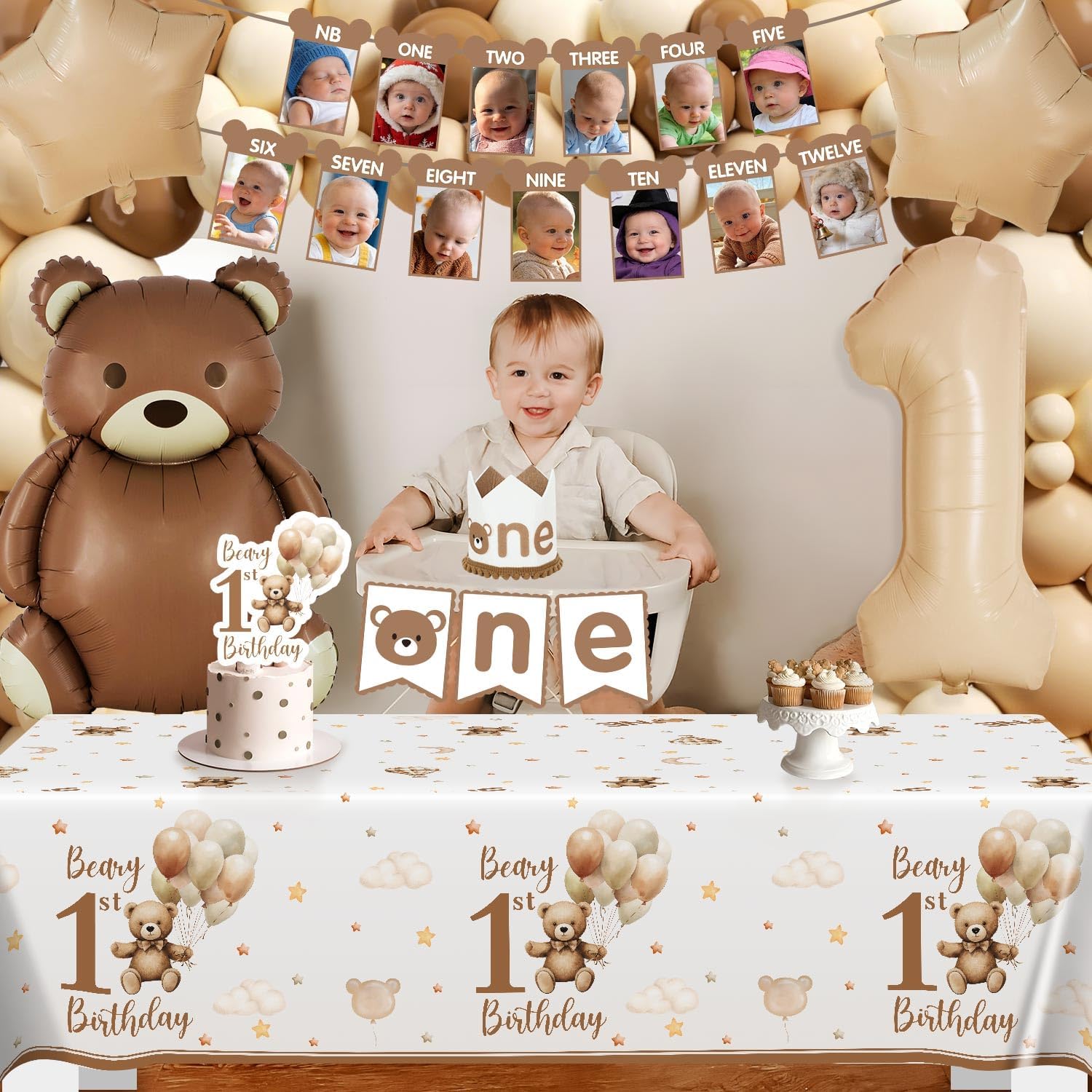 213pcs Beary First Birthday Decorations, Brown Teddy Bear One Year Old Plates Cups Napkins Forks, Month Banner, High Chair Banner, ONE Box, Balloon Arch, Crown, Tablecloth, Backdrop, Cake Topper