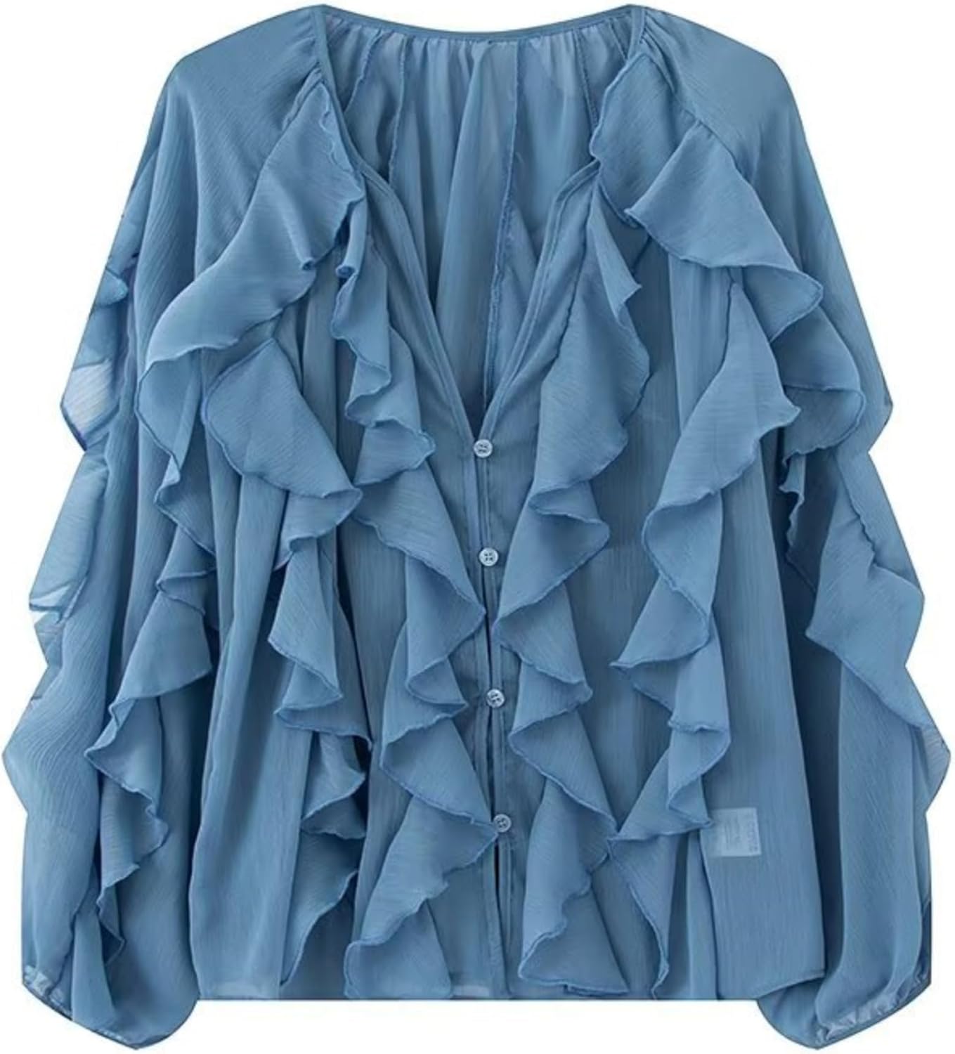 HangNiFang Ruffled Multi-Layered Summer Blouse for Women Trendy Semi See Through V-Neck Long Sleeve Button Chiffon Shirt Tops