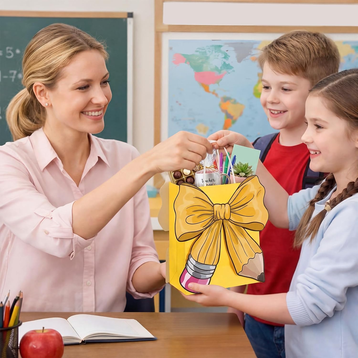 Glenmal 24 Pcs Teacher Appreciation Gift Bags Bulk Paper Teacher Gift Bag with Handle Pencil Bow Style Goodie Bags End of Year Back to School Treat Bag for Graduation Retirement Wrapping Supplies