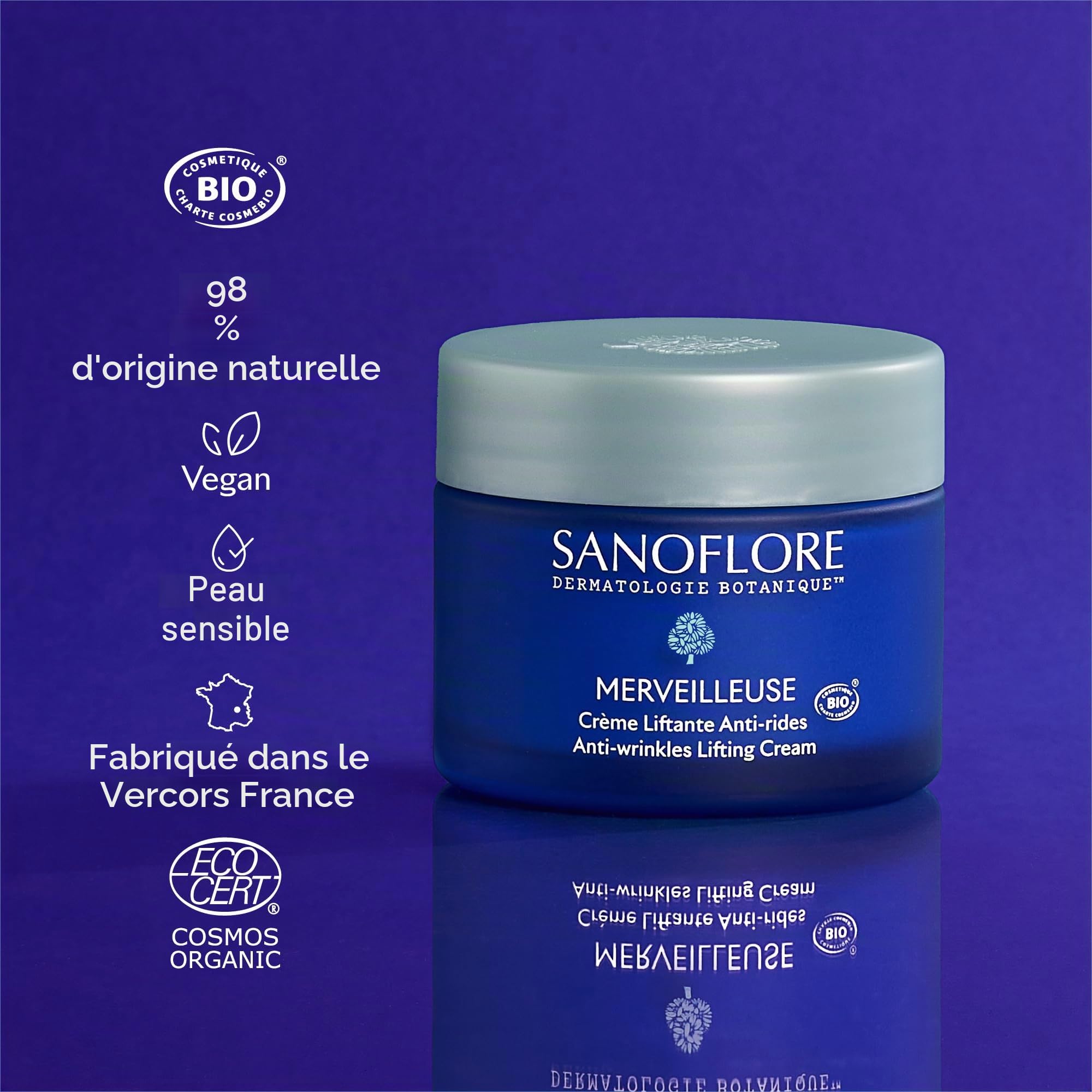 Sanoflore Merveilleuse Crème Liftante Anti-rides, Soin de Jour Anti-âge Certifié Bio, avec Rétinol Vegan et Peptides de Lin