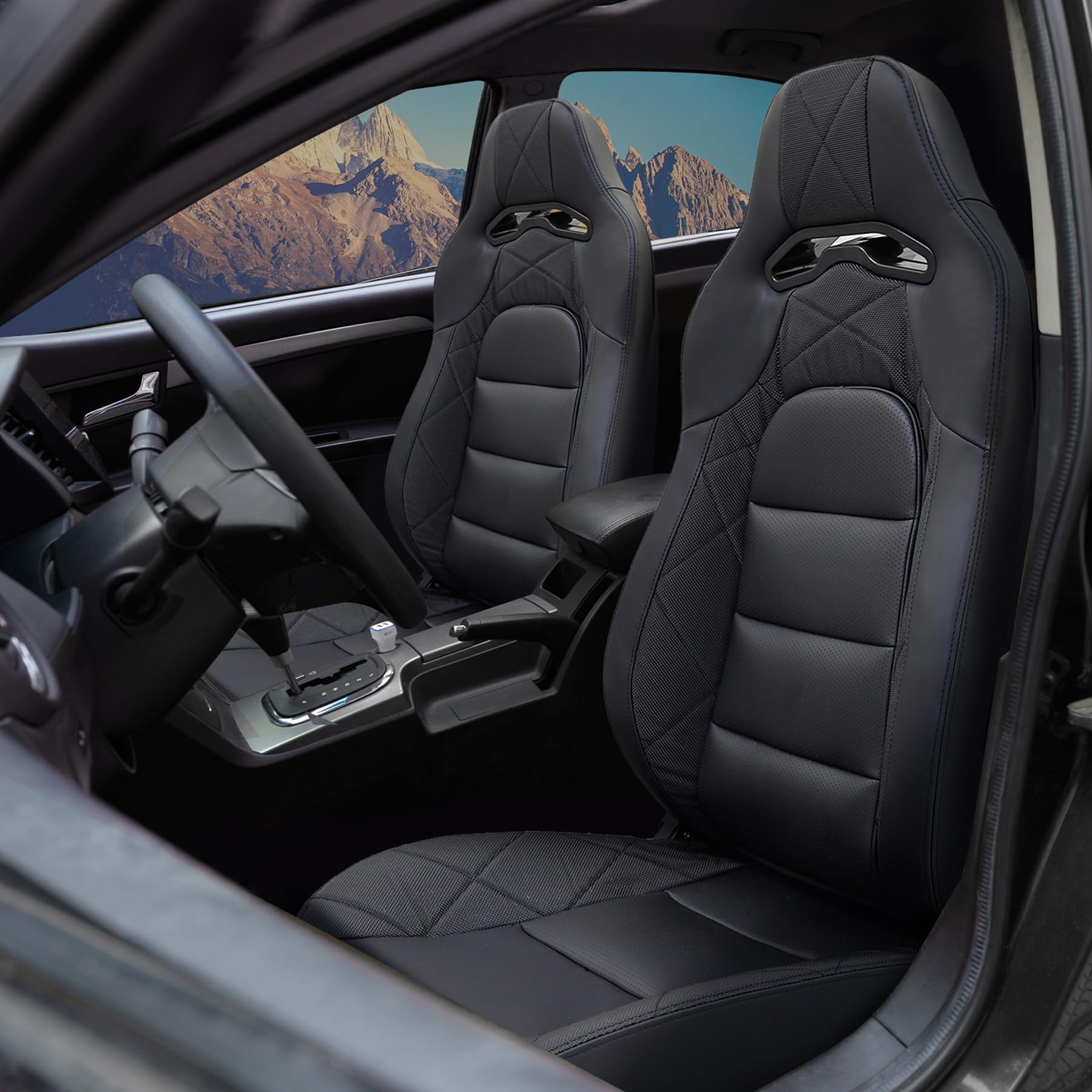 WIILAYOK 2 Pack Racing Seats, PVC Leather Universal Bucket Seats Pair with Dual Lock Sliders for Front-Back Adjustment - Automotive Racing Seats Pair for Cars, Black