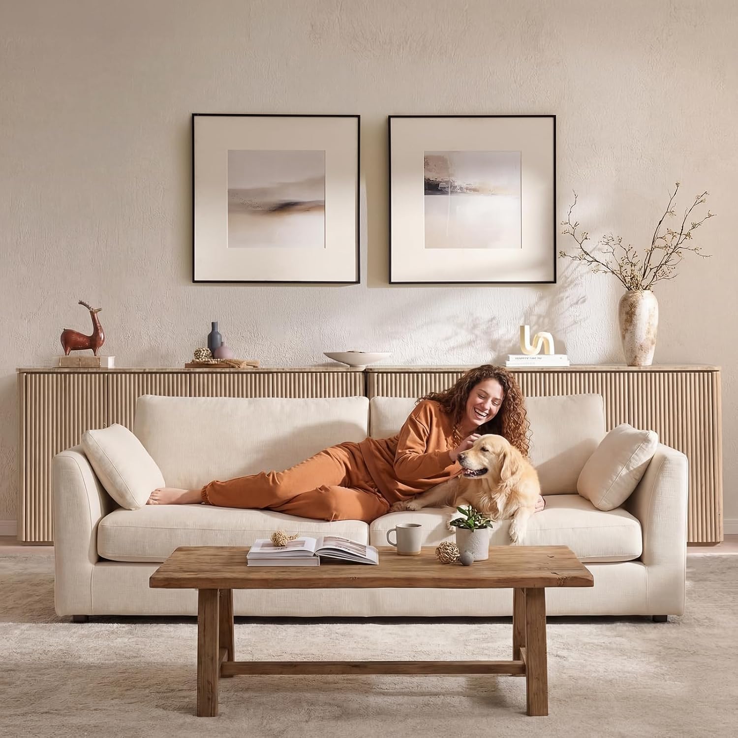 Fluted 4 Doors Sideboard Cabinet with Storage, 64" Wooden Credenza with Shelves, Faux Marble-Top Coffee Bar Console Table, Modern Buffet Cabinet for Dining, Kitchen, Living Room, Entryway, Natural Oak