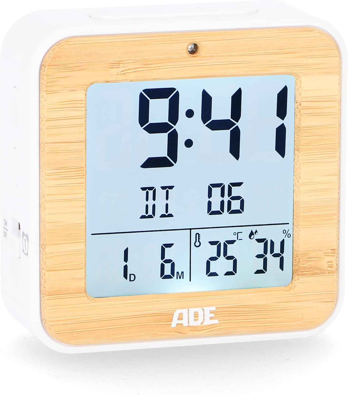 Přední view of ADE CK2112 Alarm Clock displaying time, date, and temperature