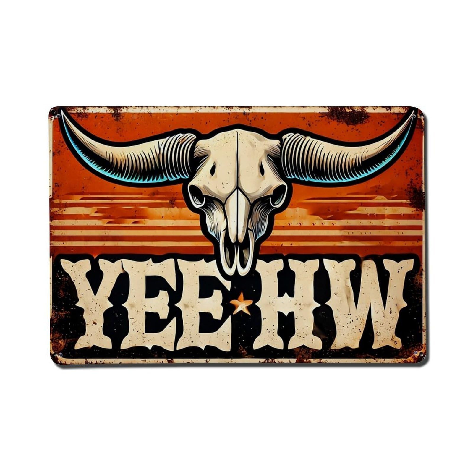 Nestemfo Vintage Western Bull Skull Yeehaw Sign Tin Sign Metal Sign, Living Room,Bar, Home, Bedroom Wall Decor,Retro Metal Poster 8X12 Inches
