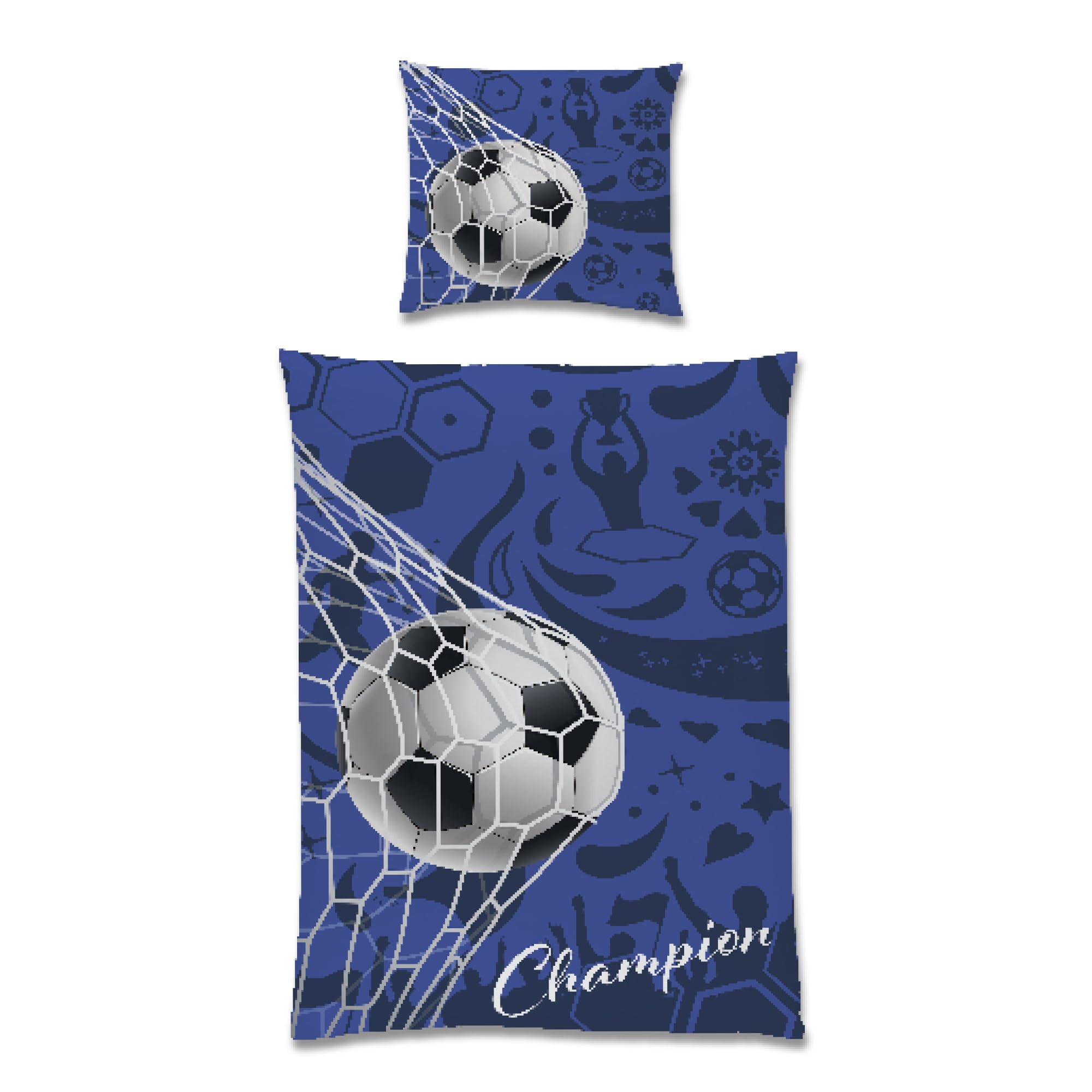 Familando – Fußball Bettwäsche-Set (2-teilig) – Decken- & Kissenbezug 135x200 cm & 80x80 cm mit Reißverschluss – 100% Baumwolle – Wendemotiv Champion – Atmungsaktiv & hautfreundlich - Öko-TEX