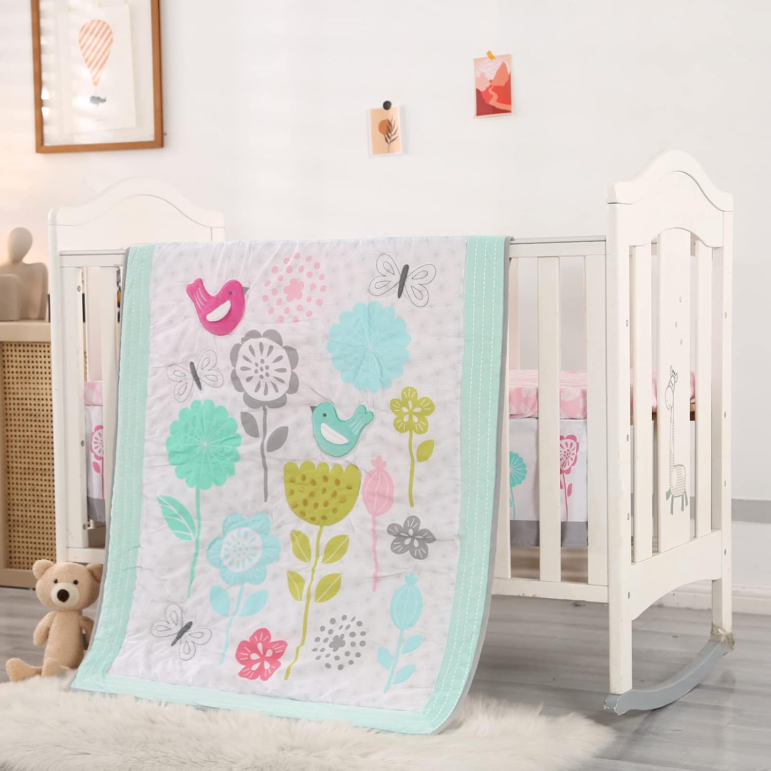 Wowelife Bedding Set Flowers and Birds for Boys and Girls Crib Bedding Set (Green) : Baby