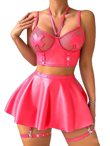 SwiiDuu Sexy Leather Underwire Choker Garter Lingerie Set Bra Skirt with Thigh Cuffs - X-Large - Pink