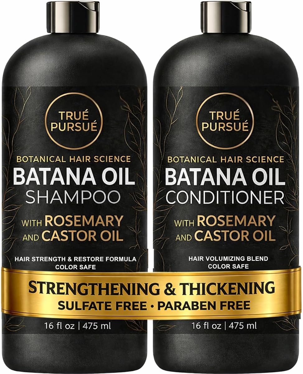 Juego de champú y acondicionador para el crecimiento del cabello Batana Oil para cabello seco y dañado | TRUÉ PURSUÉ Dúo fortalecedor de aceite de ricino y romero, sin sulfato, hombres y mujeres, cuidado del cabello, cuero cabelludo y raíces, 16 floz cada uno