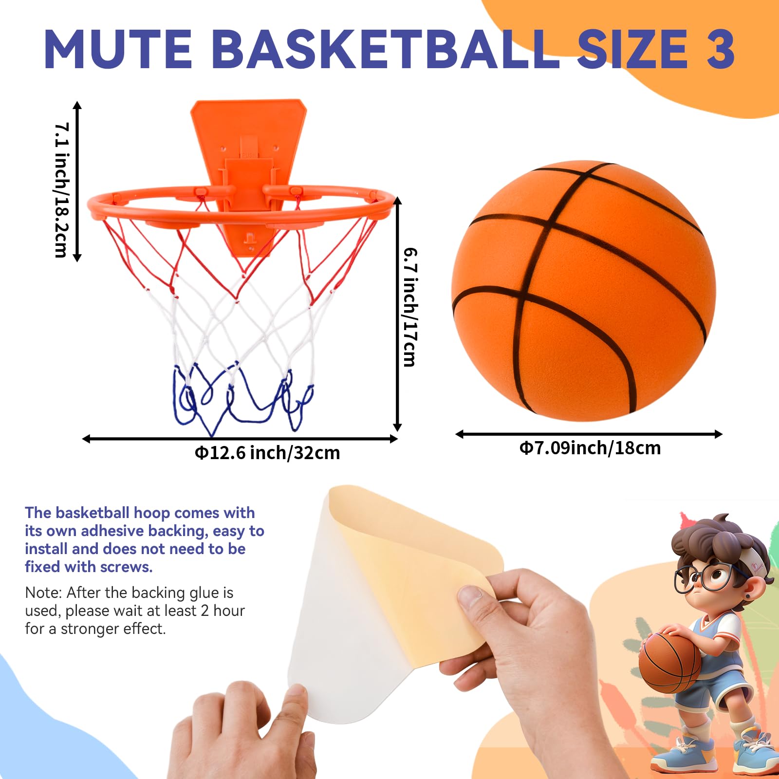 Ballon de Basket Enfant, Ballon de Basket Silencieux Taille 3, 18cm Ballon Basket Mousse, Basketball d'intérieur Silencieux, Silent Ball Basketball avec Panier, pour Enfants 3 4 5 6 Ans