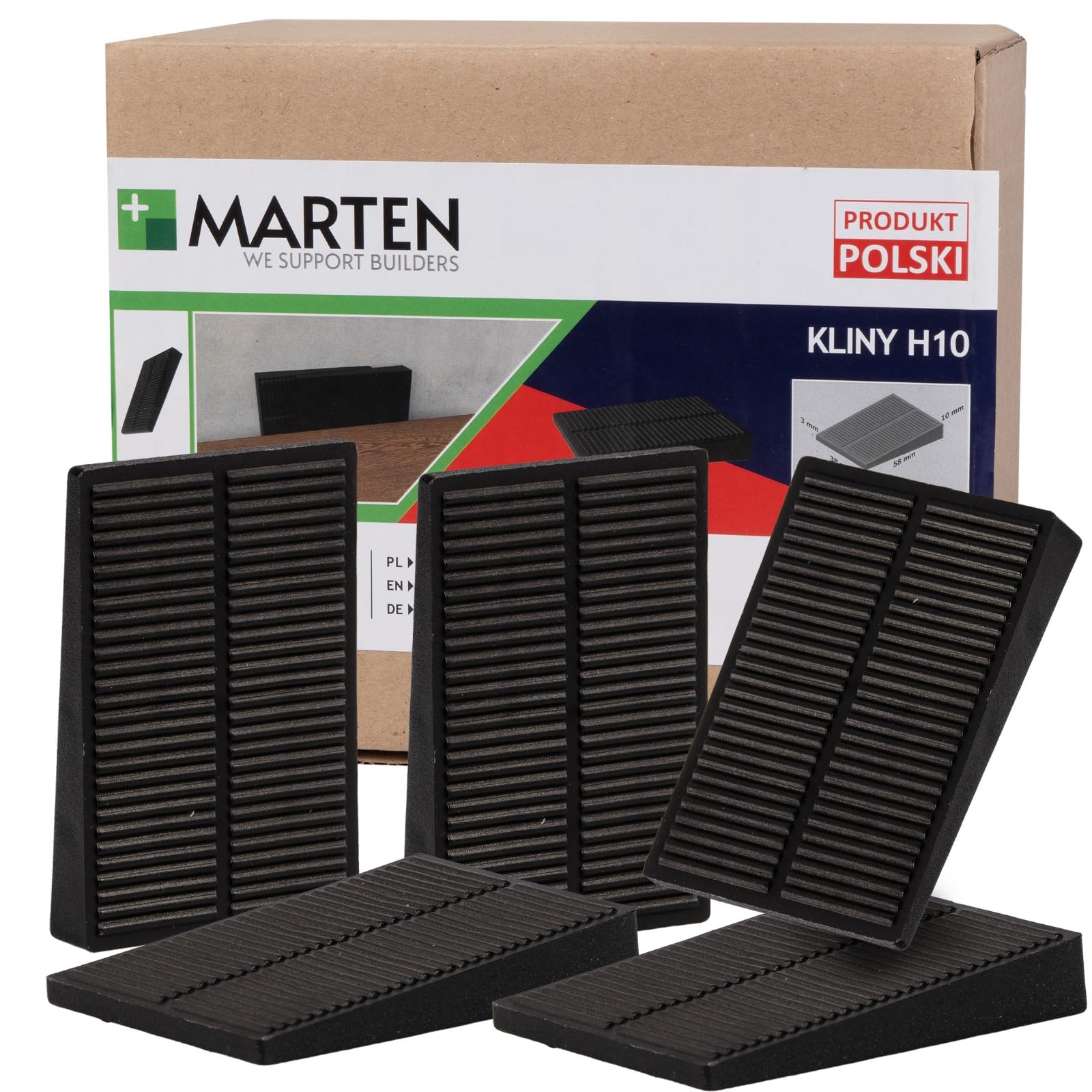 MARTEN Montagekeile Kunststoff – Universalkeile für präzises Ausrichten und Fixieren bei Türen, Fenstern und Dachlatten | Schwarz, 10 mm Höhe, 58 mm Länge, 38 mm Breite (10x58x38 mm, 100 Stück)
