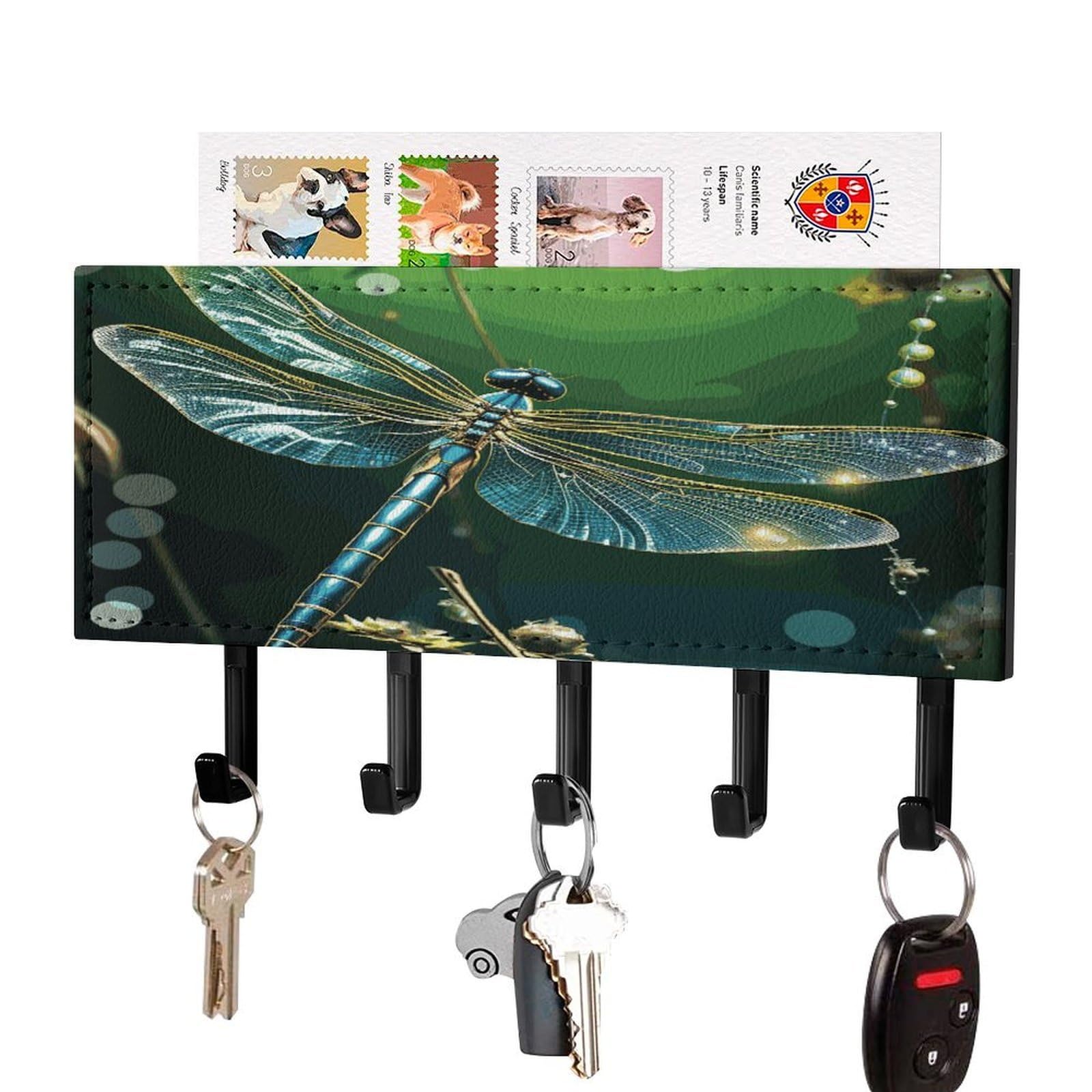 FekiLoot Dragonfly Green Key Holder Wall Mount Key and Mail Holder Key Hanger with 5 Hooks Decorative PU Key Rack Hanging Key Hooks for Wall Living Room Kitchen Bathroom Hallway Black-Style