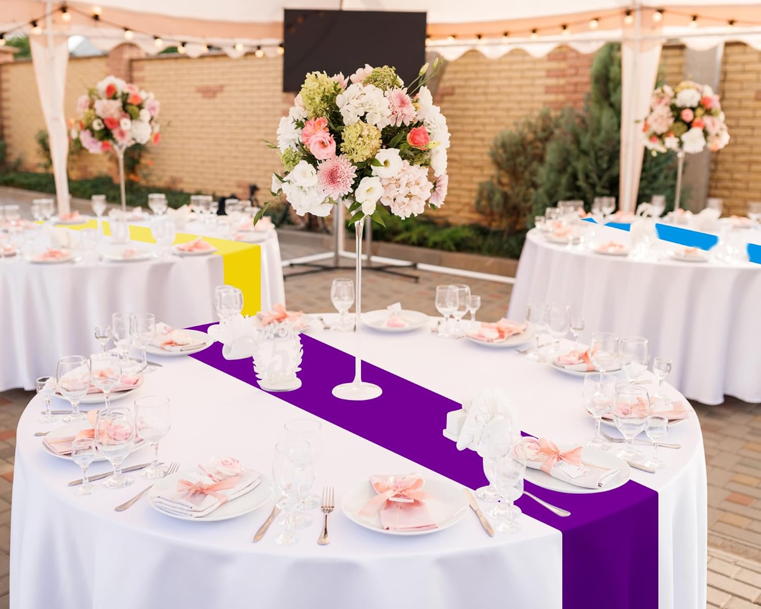Oudain 6 Pcs Round Plastic Disposable Tablecloth 84 Inch Stain and Wrinkle Resistant Table Cover Tablecloths for Graduation Birthday Party Wedding Baby Shower Decoration(Mix Color)