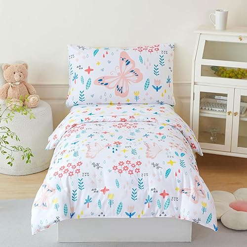 PERFEMET Juego de edredón floral para niñas, tamaño individual, juego de ropa de cama de flores botánicas de 4 piezas, patrón de mariposa, ropa de