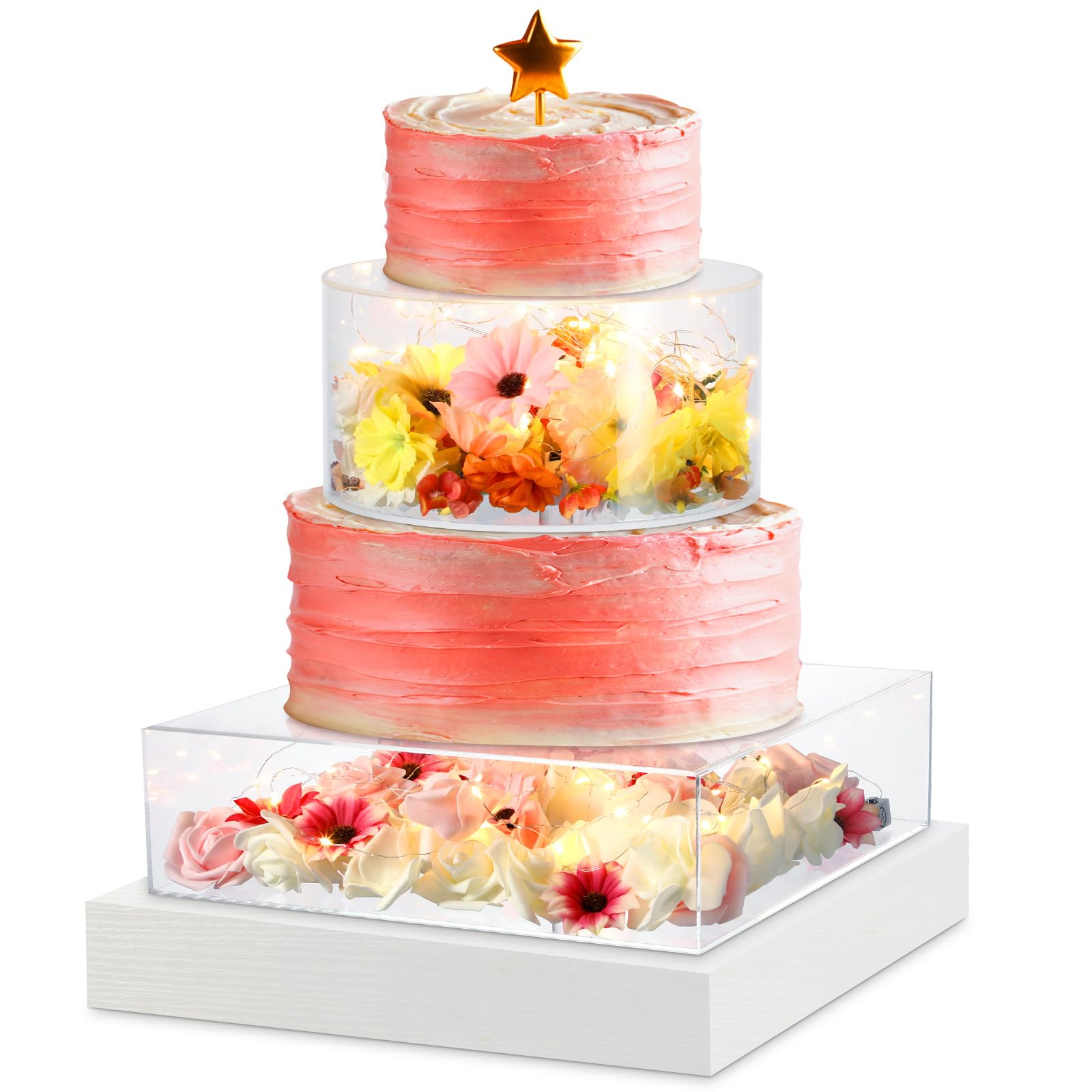 Yungyan 2 Pcs Clear Acrylic Fillable Cake Stand 14 Inch 8 Inch Round Square Cake Stand Cake Riser Box Floating Cake Stand with LED Lights Decorative Centerpiece for Wedding Birthday Party