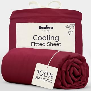 Bambaw Bamboo Fitted Sheet 150 x 200 cm Cooling Allergy Sufferers Sheet for Summer and Winter Cool Soft Bed Sheets, Burgundy