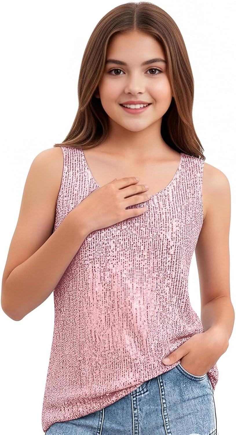 Girls Sequins Tank Tops Summer Sleeveless Crew Neck Shirts Casual Comfy Lightweight Birthday Vest Blouse Teen