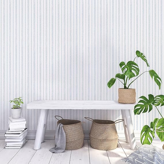 Tempaper Aqua Nautical Stripe Removable Peel and Stick Wallpaper, 20.5 in X 16.5 ft, Made in The USA