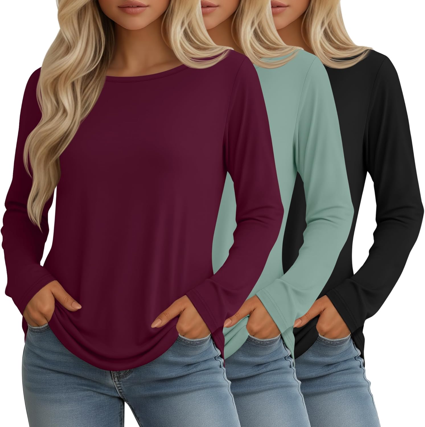 Ficerd 3 Pack Women's Long Sleeve Shirts Crew Neck Casual Tops Loose Fit Tee 2026 Basics Blouses Curved Hem Design