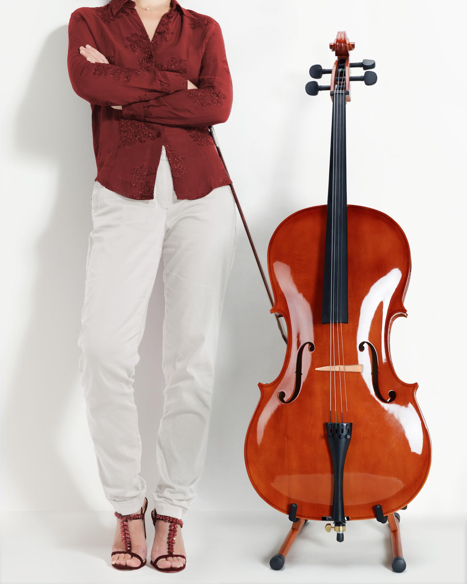 Musbeat Cello Stand with Bow Holder, Mahogany Wooden A-Frame Floor Stand with Padded Foam, Handcrafted Cello Rack Fits 1/2 - Image 4