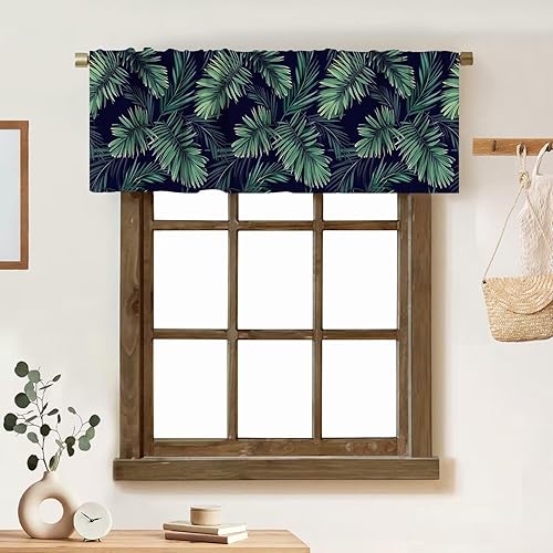 Cortina de cenefa de hojas verdes tropicales, diseño de hojas de palmera, cenefa con bolsillo para barra, 1 panel, cortinas cortas para cocina,