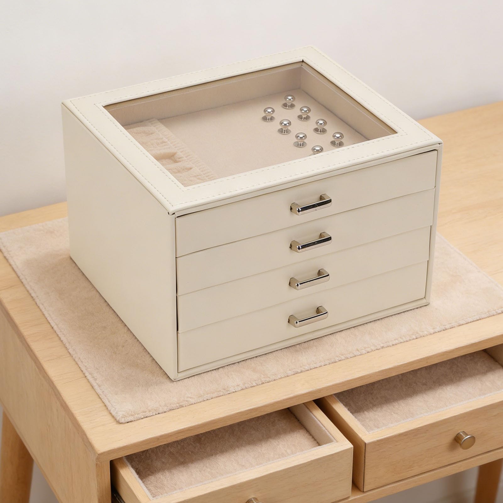 Portagioielli 4 Strati in Pelle PU con Cassetti (Beige)