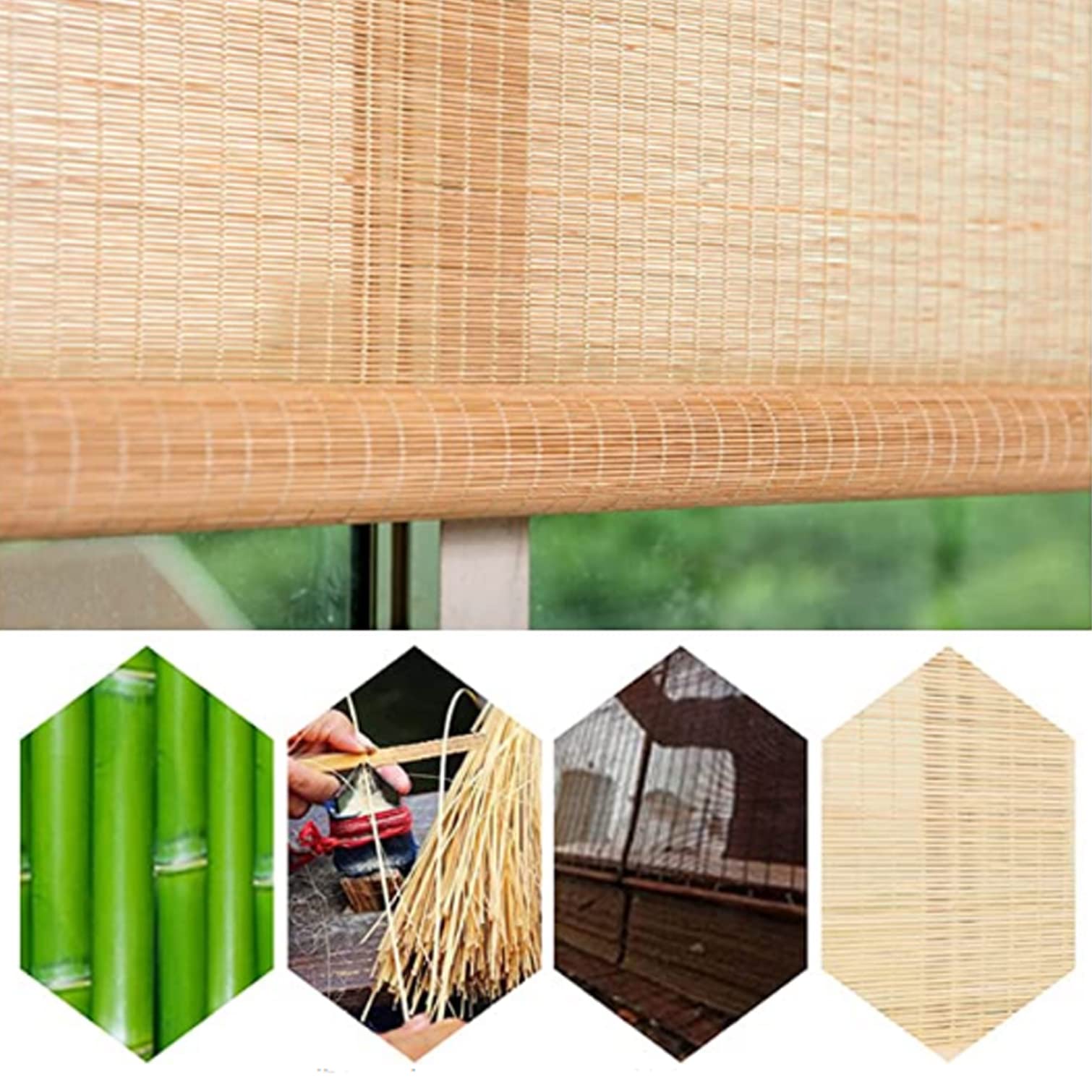 Retro bamboe rolgordijnen, vouwgordijnen, natuurlijk zonneschermgordijn, verduisterende rolgordijnen, scheidingsdeurgordijn, voor ramen en deuren, aanpasbaar (75 x 120 cm