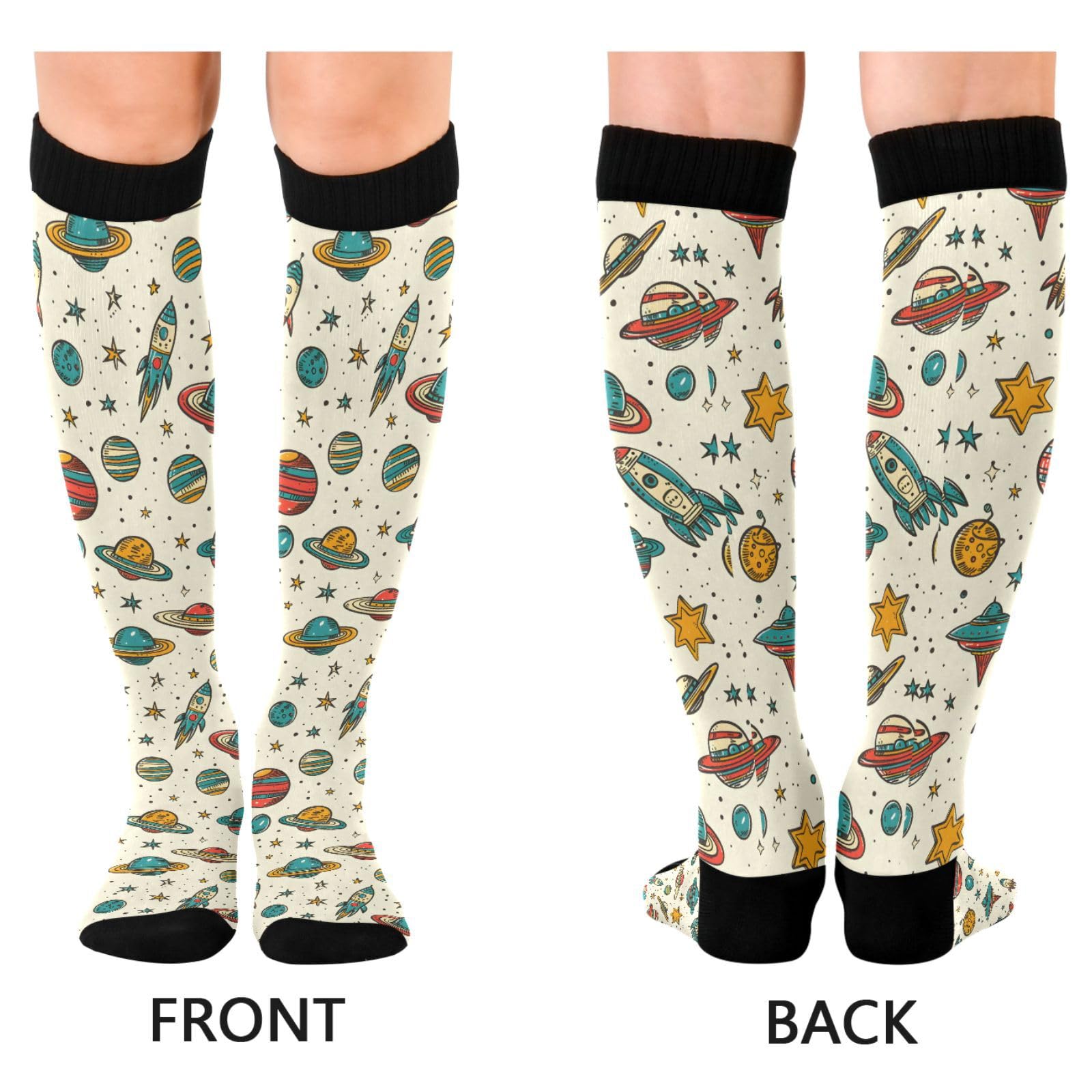 MFTJYO Planet Rocket Childish Women's Compression Socks for Women Men Knee High Socks Long Circulation for Athletic Running