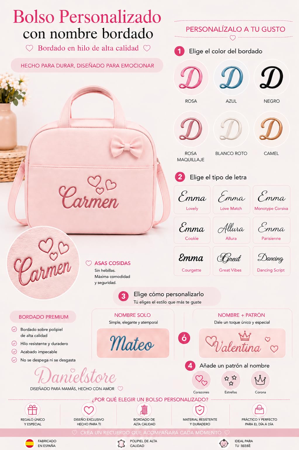 Danielstore - Bolso Maternidad Personalizado | Organizador Pañales | Asa Colgar al Hombro | Compatible Carrito Bebe | Fácil Limpieza, Rosa, 1 Unidad, Polipiel